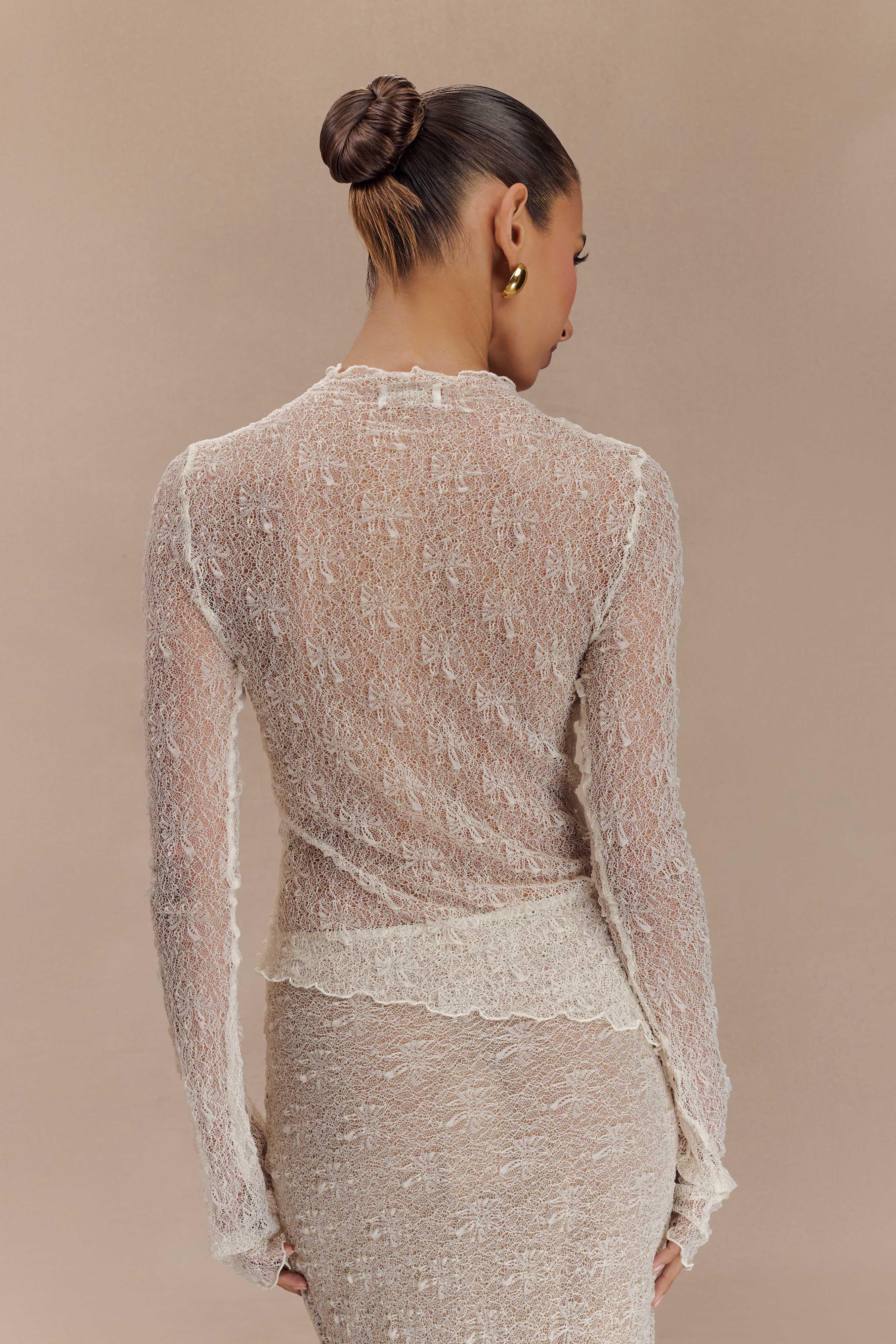 Riley Sheer Lace Long Sleeve Top - Ivory Product Image