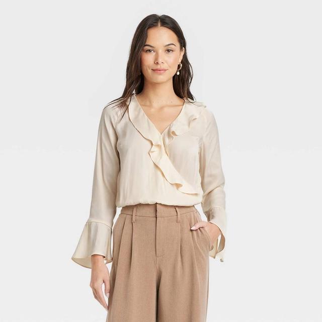 Womens Flounce Long Sleeve V-Neck Ruffle Wrap Blouse - A New Day Cream L Product Image