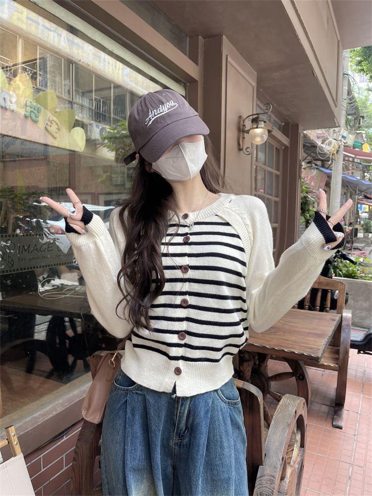 Crew Neck Striped Raglan Button-Up Cardigan Product Image