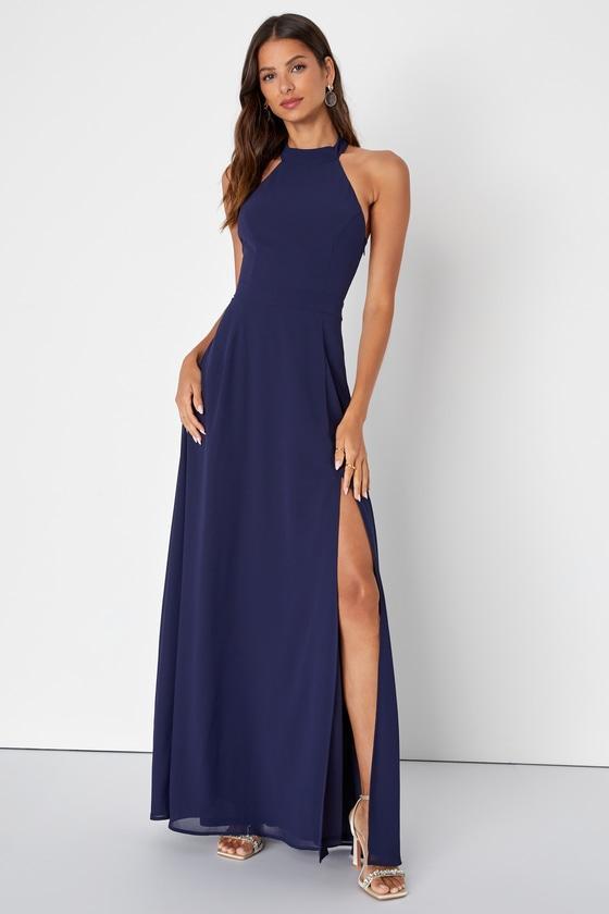 Confidently Charismatic Navy Blue Backless Halter Maxi Dress Product Image