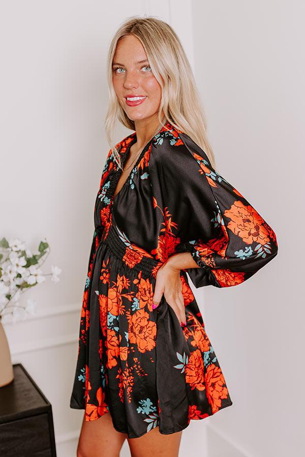 Botanical Bliss Satin Mini Dress in Black Product Image