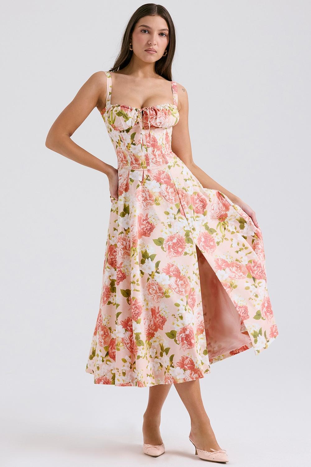 Carmen Pink Peony Print Cotton Bustier Sundress Product Image