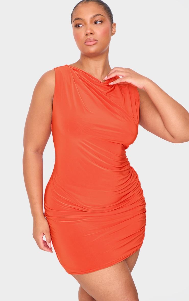 Bright Orange Slinky Ruched Shoulder Racer Neck Bodycon Dress Product Image