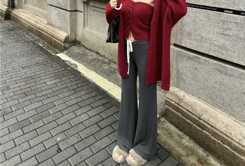 Plain Button Knit Tube Top / Mid Waist Plain Sweatpants / Plain Long Cardigan / Set Product Image