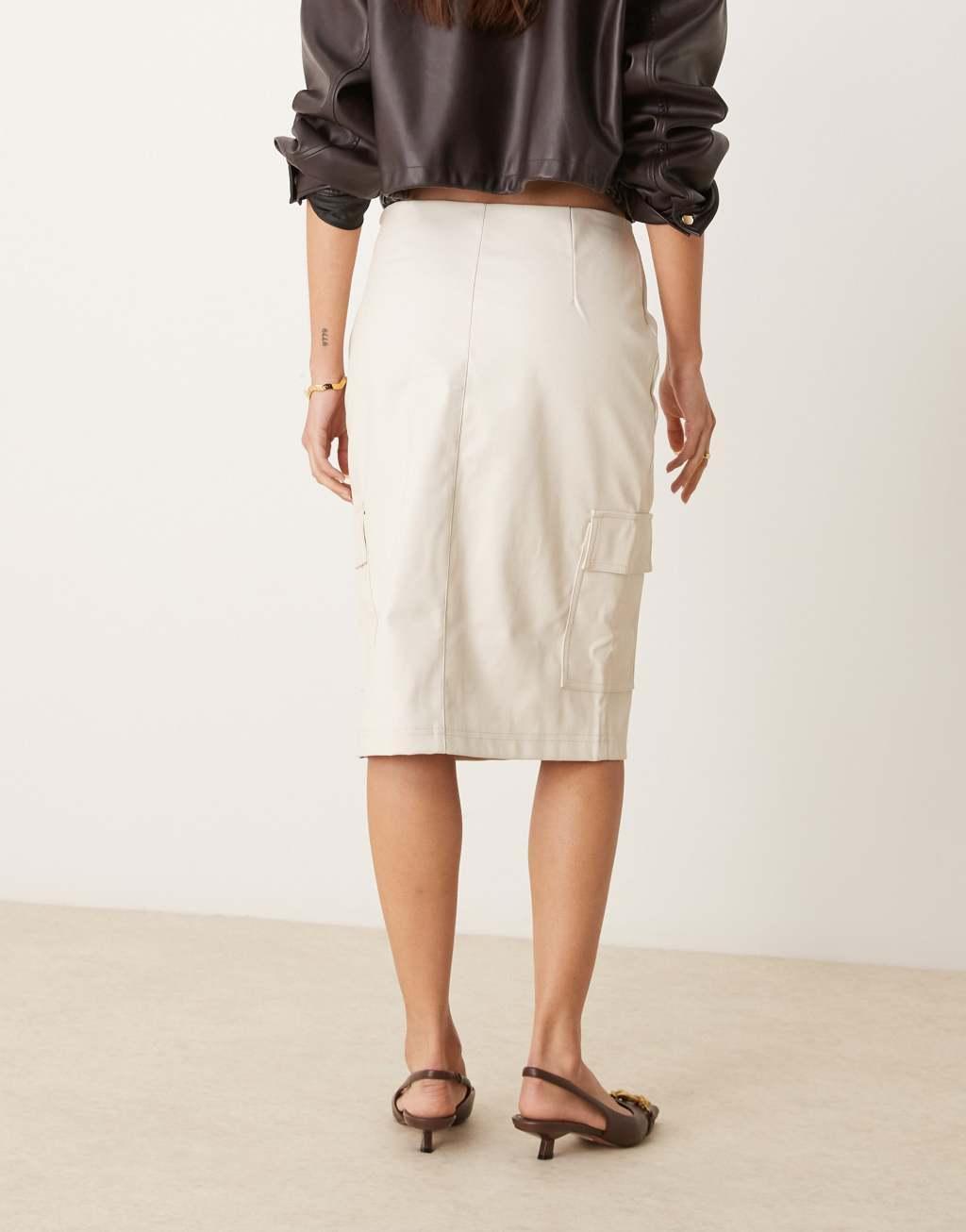 ASOS DESIGN leather look pocketed midi skirt in cream Product Image