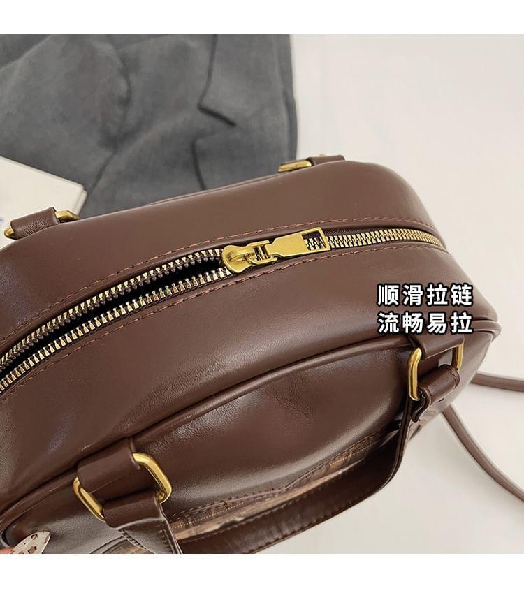 Plaid Cartoon Patterned Panel Faux Leather Top Handle Backpack Product Image