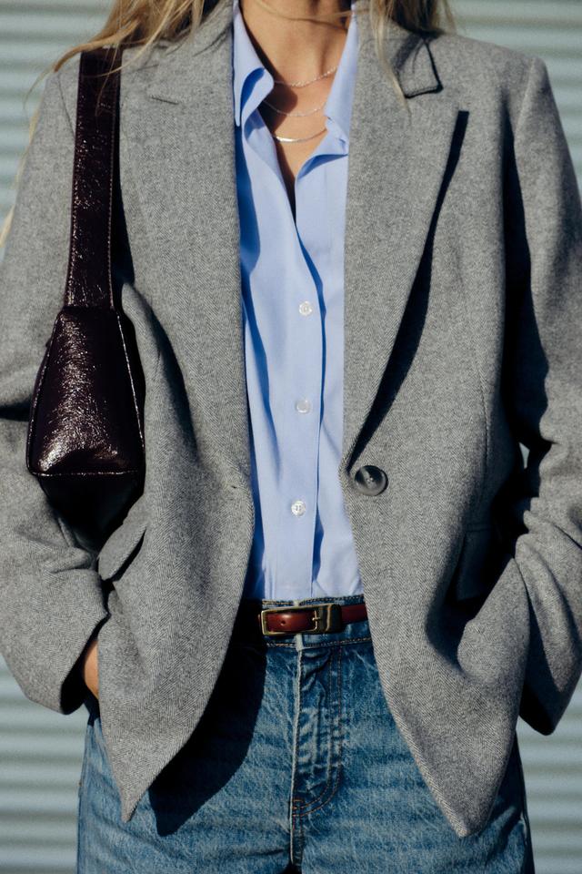 STRAIGHT CUT WOOL BLEND HERRINGBONE BLAZER Product Image