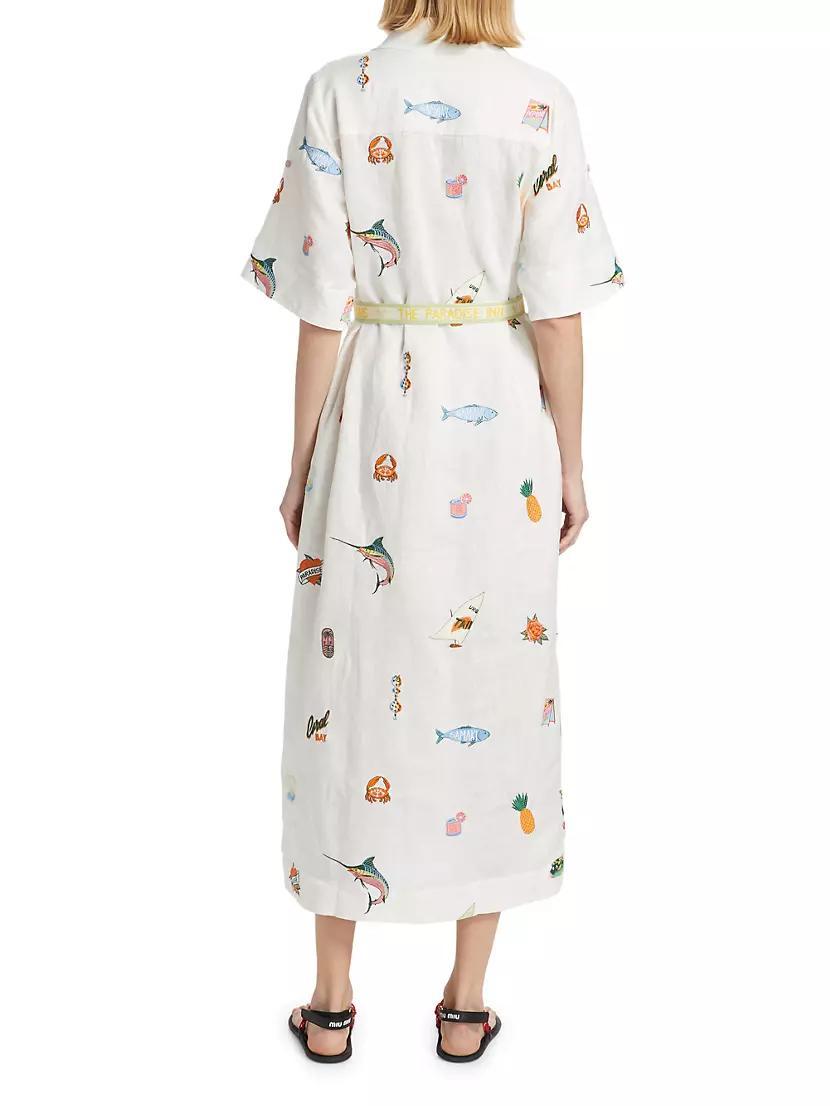 Blue Marlin Linen Embroidered Midi- Dress Product Image