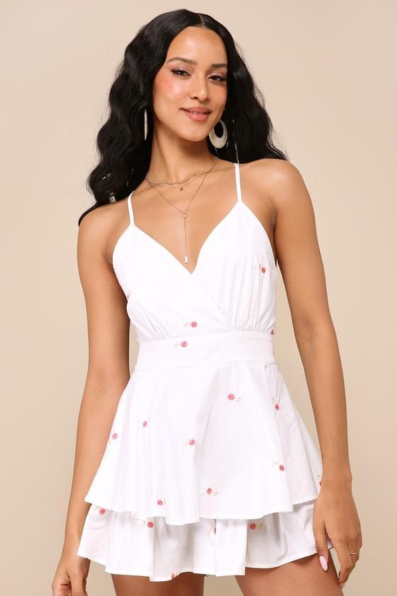 Lovely Intent White Floral Embroidered Backless Tiered Romper Product Image