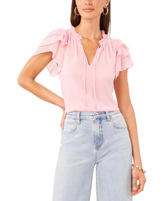 1.state Womens Tie Neck Short Flutter Sleeve Blouse Product Image