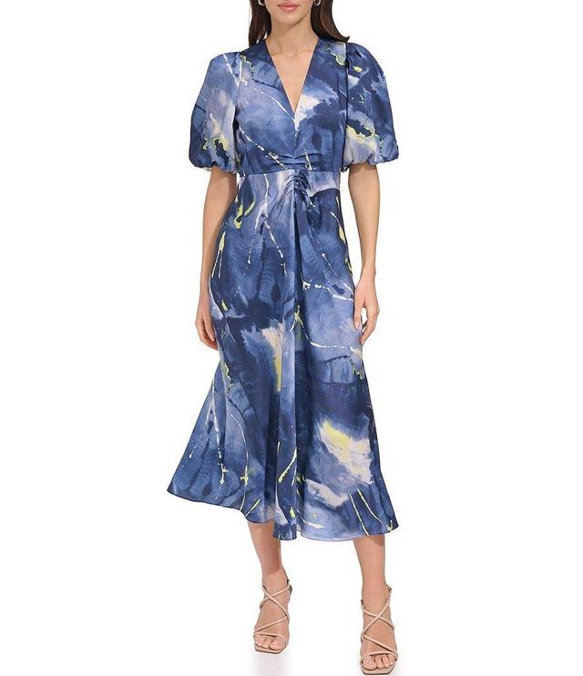 DKNY Printed Satin V-Neck Short Puff Sleeve Midi Dress Product Image