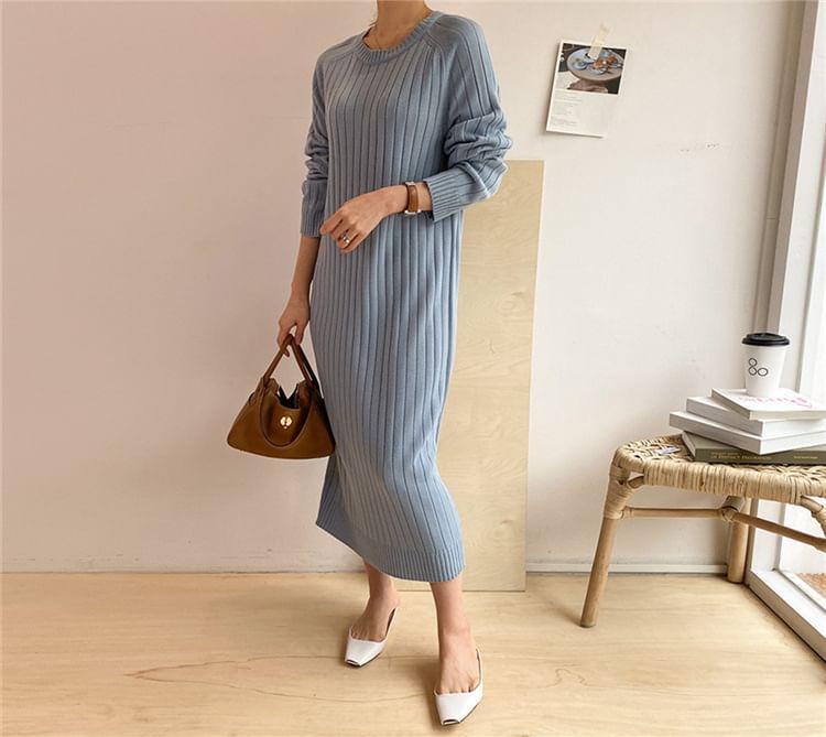 Long Sleeve Crew Neck Plain Ribbed Knit Bodycon Midi Sweater Dress Product Image