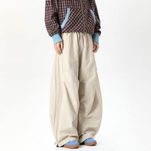 Drawstring Waist Plain Ruched Wide Leg Cargo Pants Product Image