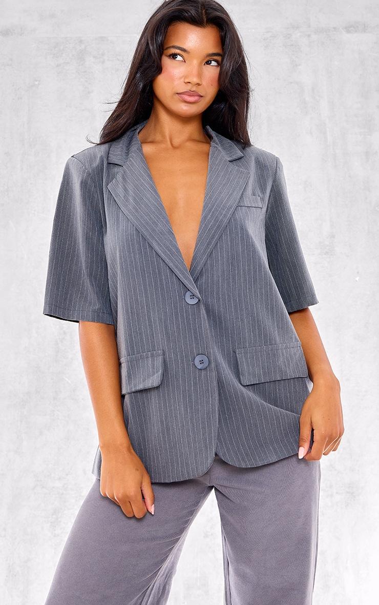 Charcoal Striped Short Sleeve Oversized Blazer Product Image