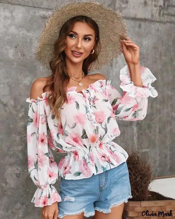 Olivia Mark – Off The Shoulder Floral Print Lantern Sleeve Top Product Image