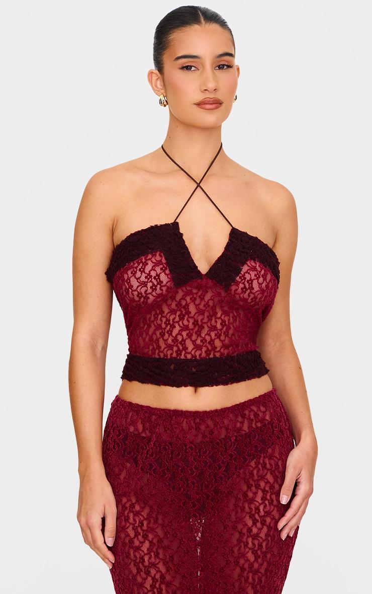 Burgundy Textured Lace Contrast Detail Top Product Image