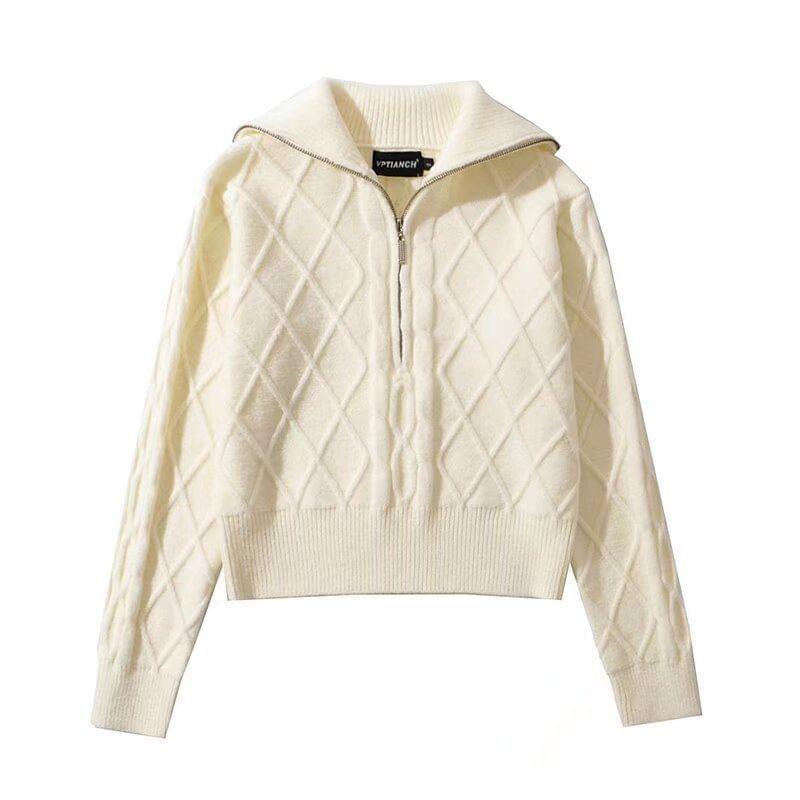 Long Sleeve Half-Zip Plain Cable-Knit Loose-Fit Sweater Product Image