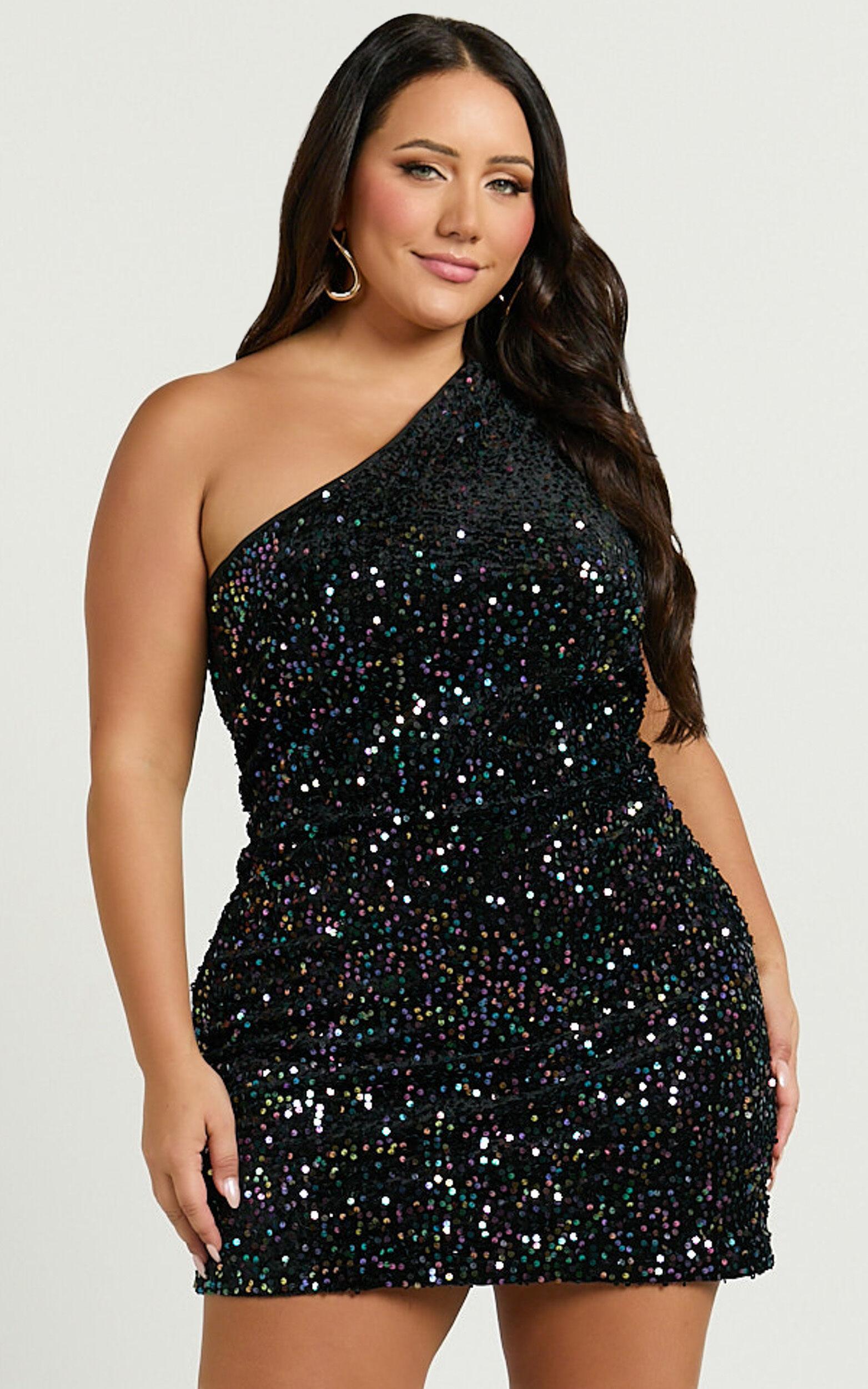 Lucy Mini Dress - One Shoulder Sequin Mini Dress in Black Product Image