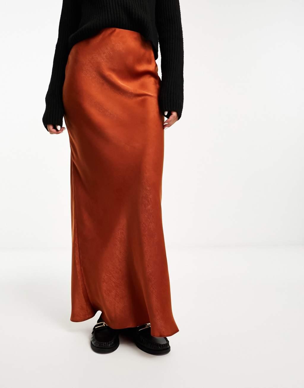 ASOS DESIGN satin bias maxi skirt in rust Product Image