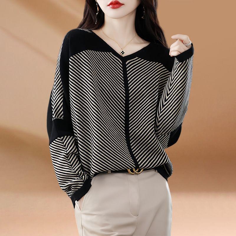 V-Neck Striped Sweater Product Image