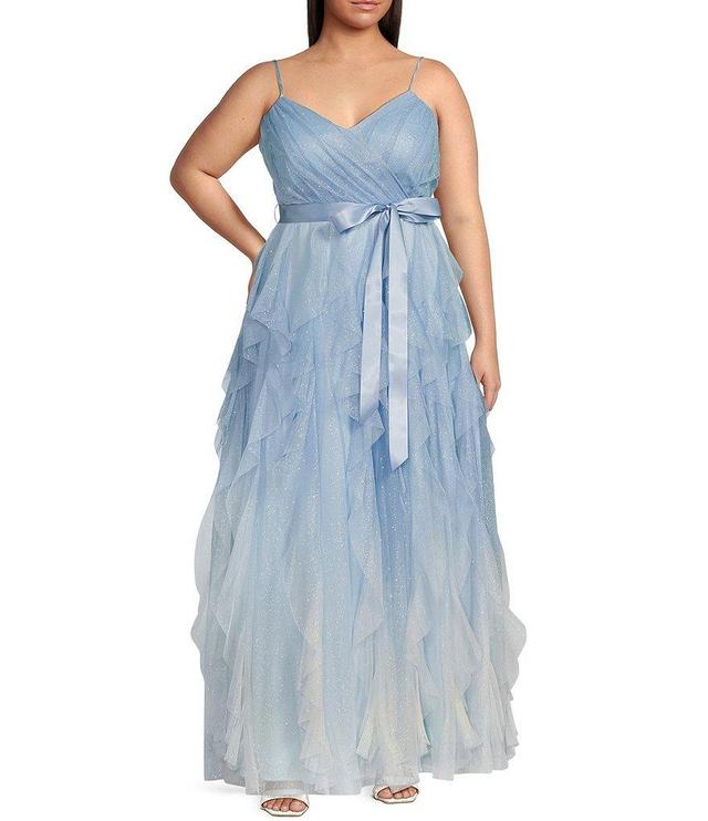 Pear Culture Plus Size Spaghetti Strap V-Neck Glitter Ombre Mesh Corkscrew Ball Gown Product Image