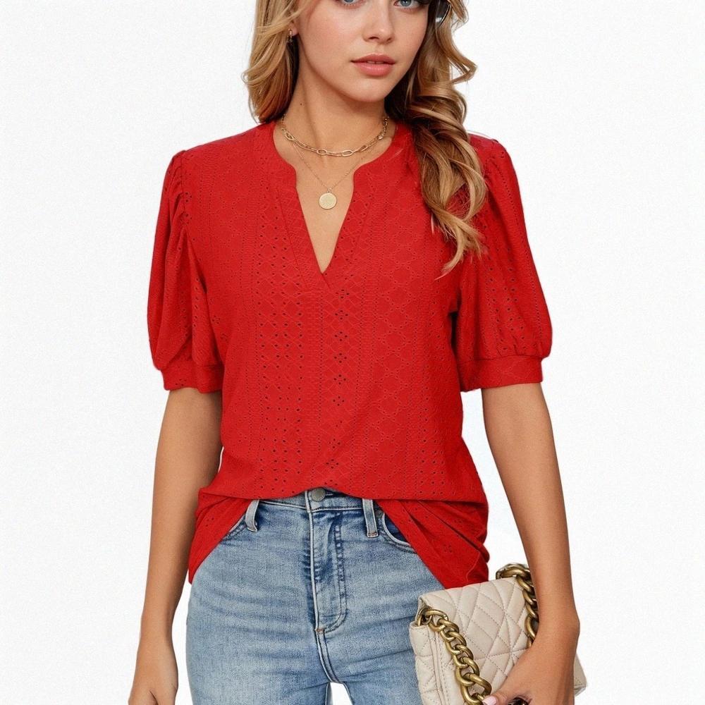 Olivia Mark –  Chic V-Neck Solid Color Hollow Bubble Sleeve Loose T-Shirt: The Perfect Casual Top for Every Occasion Product Image