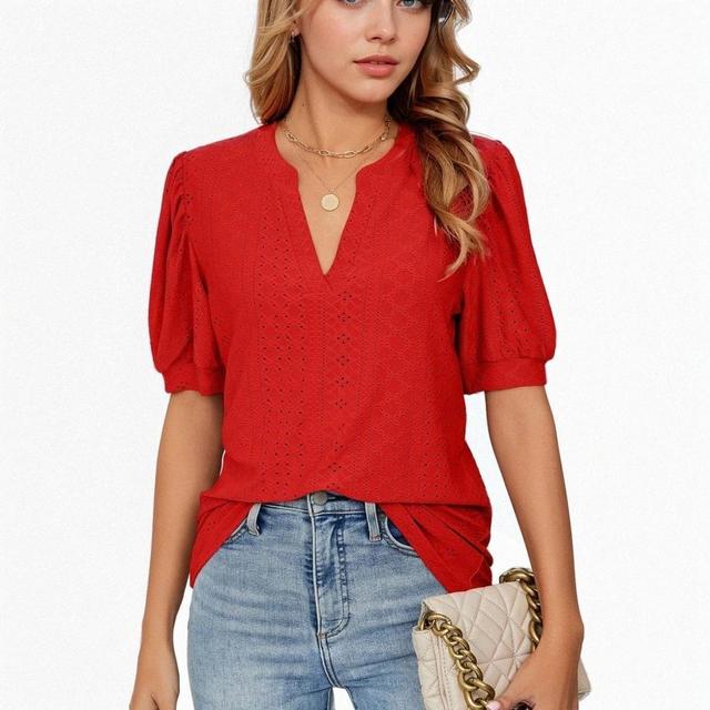 Olivia Mark –  Chic V-Neck Solid Color Hollow Bubble Sleeve Loose T-Shirt: The Perfect Casual Top for Every Occasion Product Image