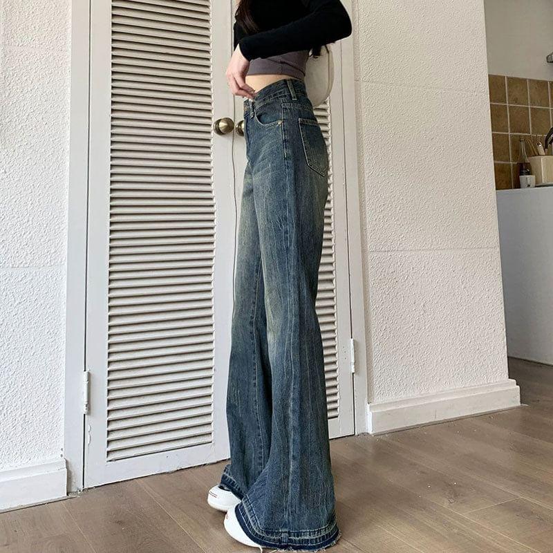 High Waist Washed Straight-Fit Boot-Cut Jeans Product Image