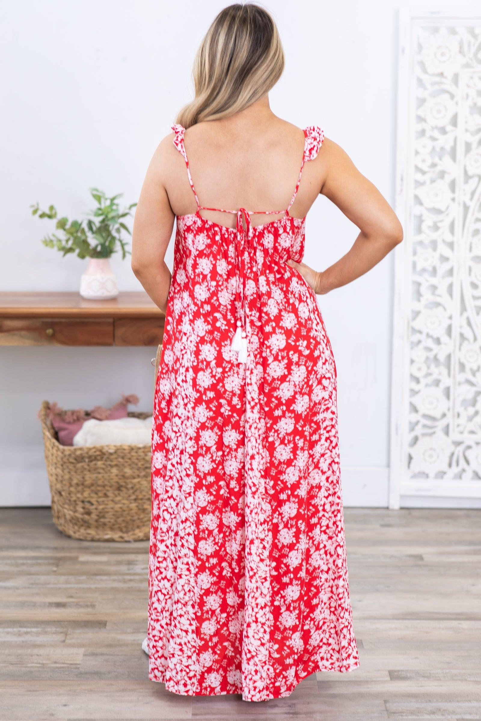 Red Floral Maxi Dress With Criss Cross Back Product Image