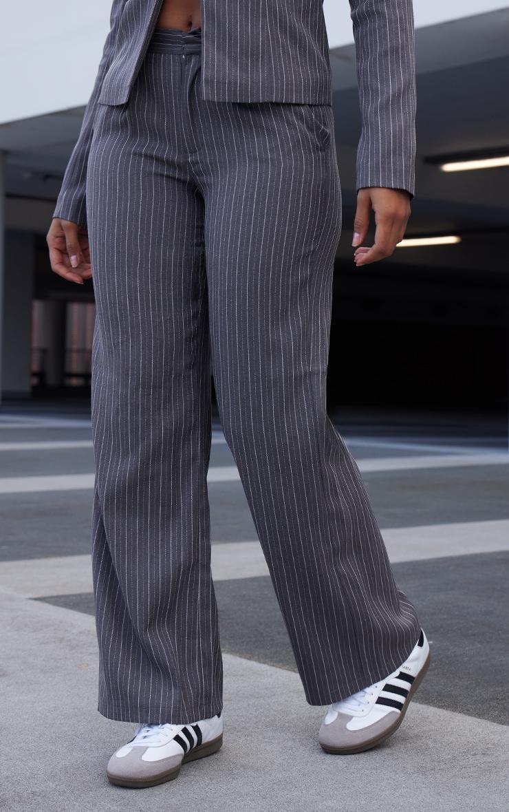 Dark Grey Pinstripe Tailored Wide Leg Pants Product Image