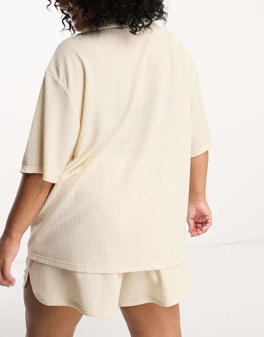 Loungeable Curve boxy pajama shirt and running short set in beige Product Image