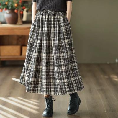 Elastic Waist Plaid Midi A-Line Skirt Product Image