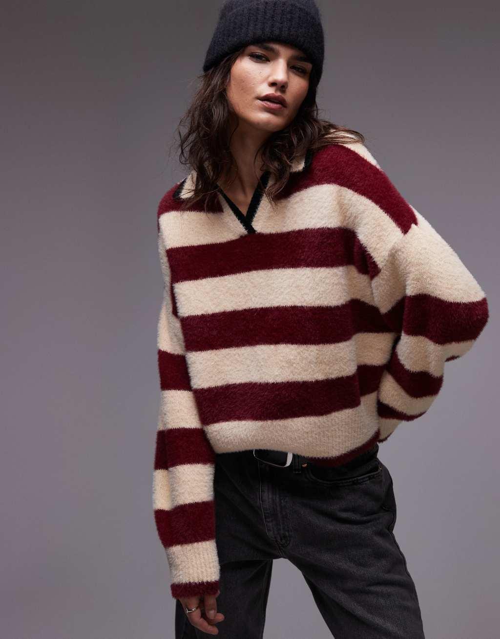 Topshop knitted fluffy stripe relaxed polo in burgundy and ecru Product Image