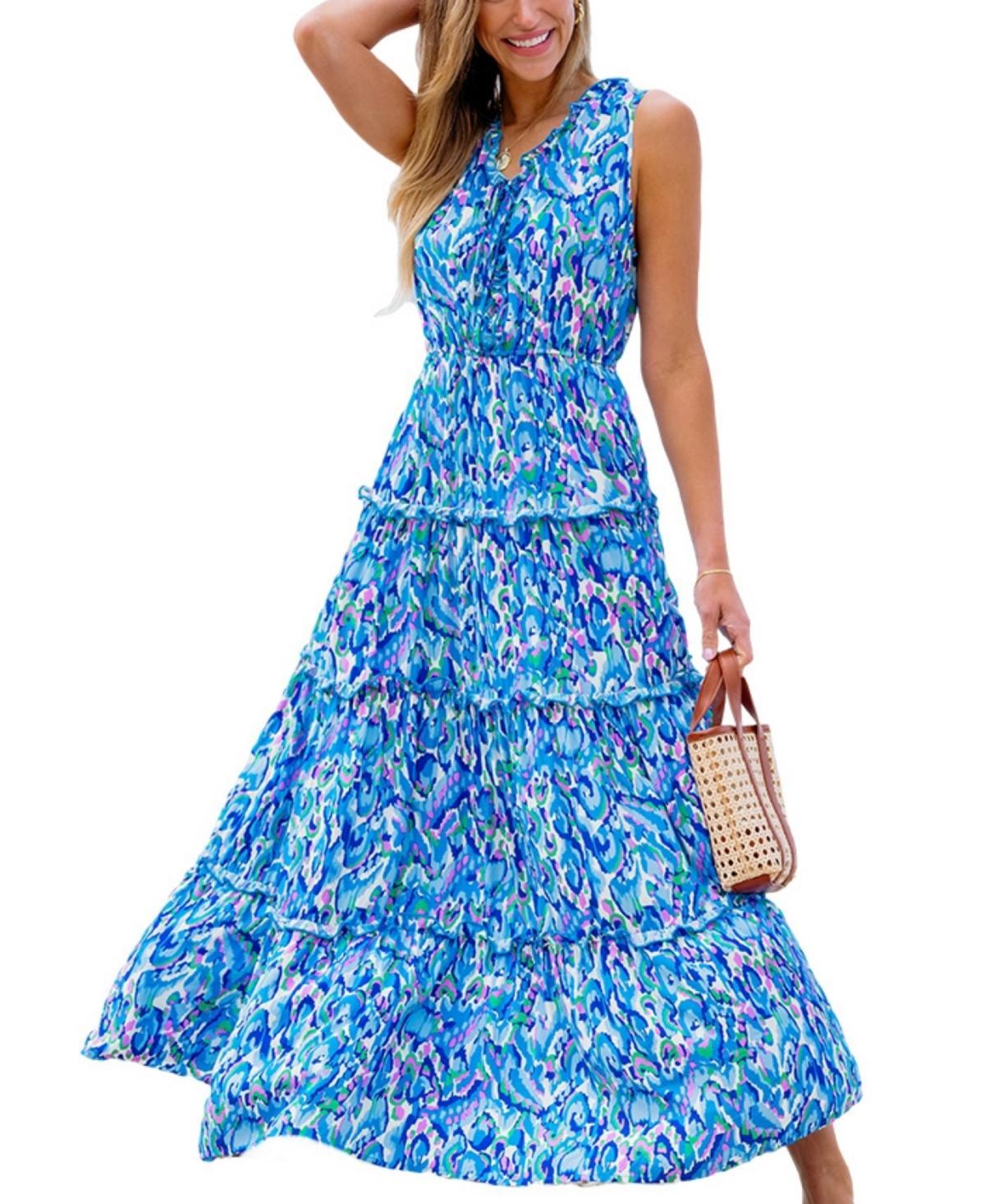 Women's Abstract Sleeveless Ruffle Maxi Beach Dress Product Image