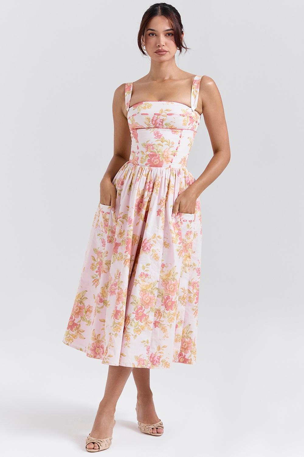 Vivien Peach Poppy Print Cotton Midi Sundress Product Image