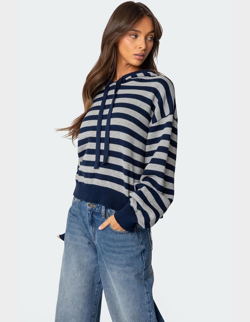 EDIKTED Striped Hooded Knit Sweater Product Image