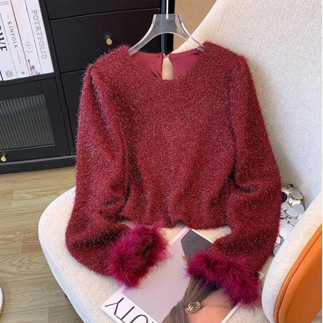 Fluffy Long Sleeve Crew Neck Plain Cropped Sweater Product Image