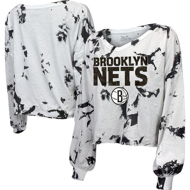 Womens Majestic Threads Brooklyn Nets Aquarius Tie-Dye Cropped V-Neck Long Sleeve T-Shirt Product Image