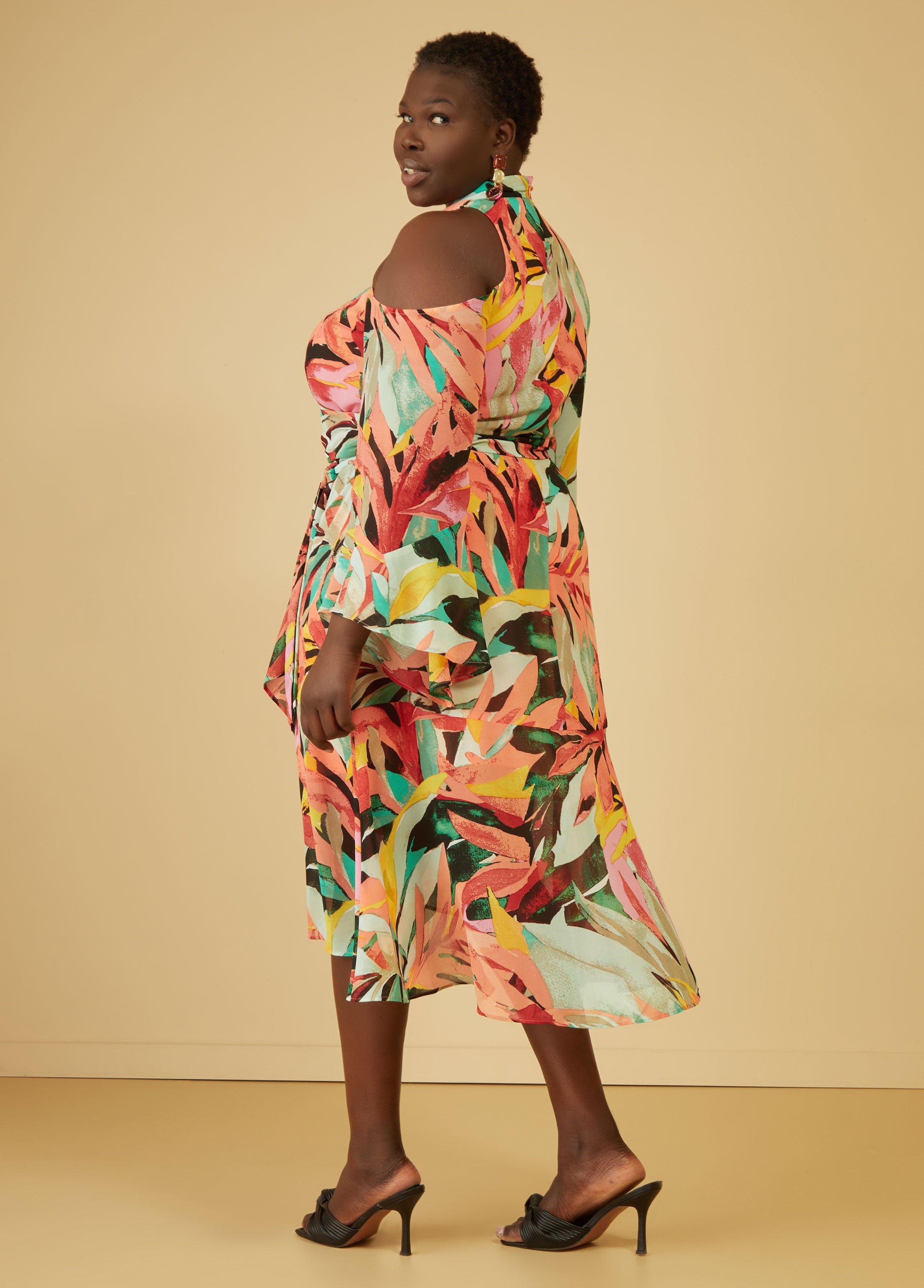 Cold Shoulder Leaf Print Dress Product Image