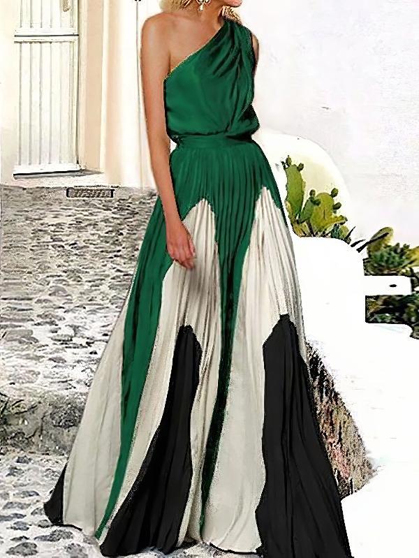 Sleeveless Asymmetric Pleated Printed One-Shoulder Maxi Dresses Product Image