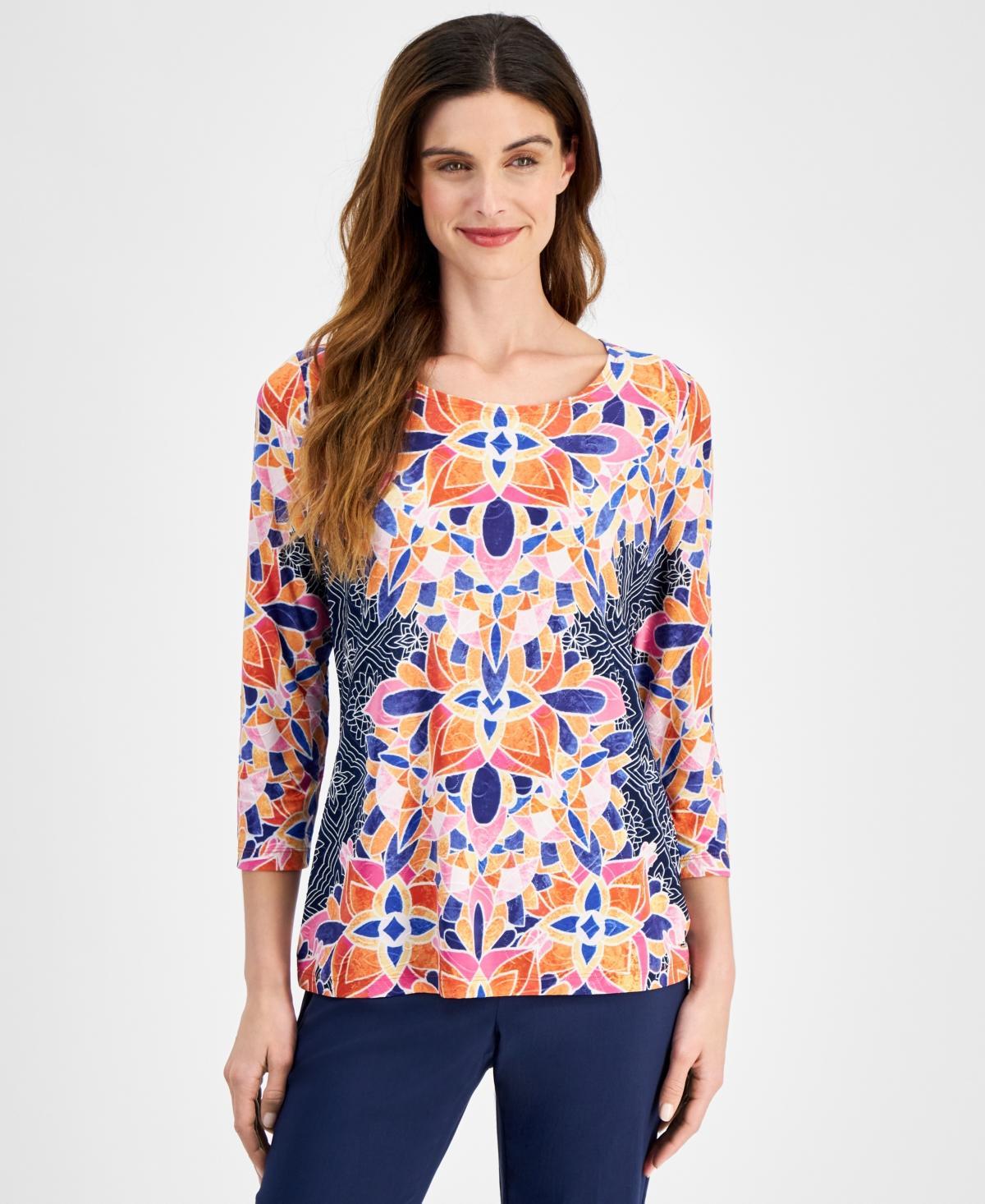 Jm Collection Womens Printed 3/4 Sleeve Jacquard Top, Created for Macys Product Image