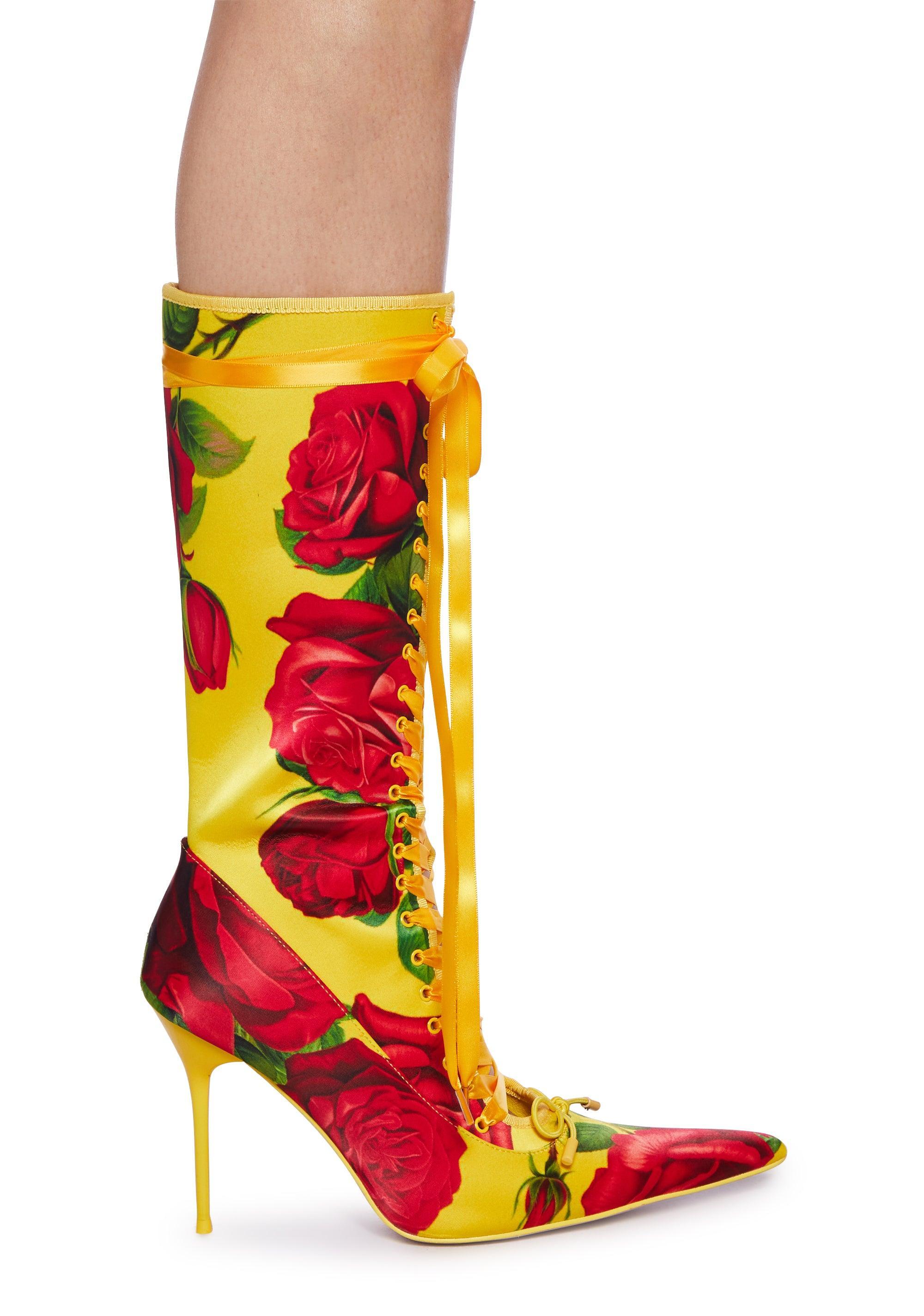 Sugar Thrillz Satin Rose Print Lace Up Stiletto Zip Up Boots Regency Core - Yellow Product Image