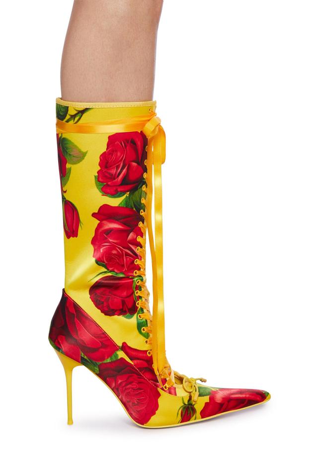 Sugar Thrillz Satin Rose Print Lace Up Stiletto Zip Up Boots Regency Core - Yellow Product Image