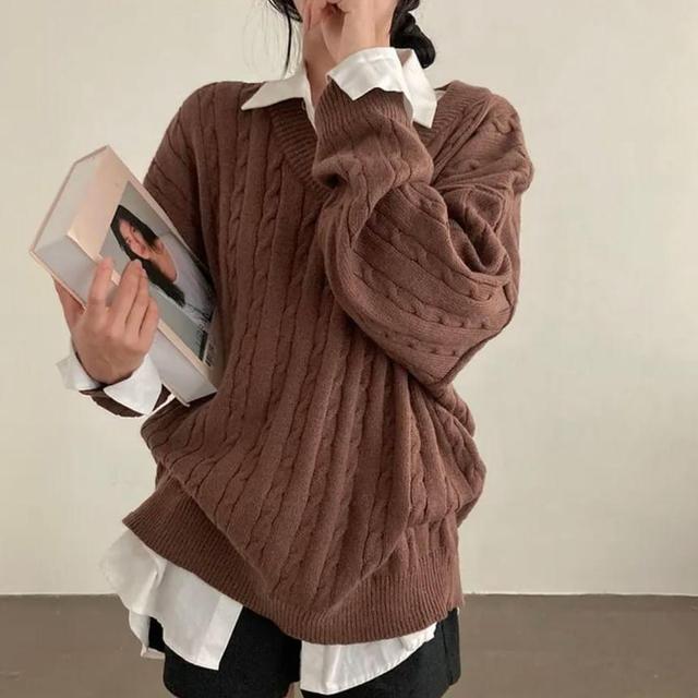 V-Neck Plain Cable-Knit Sweater Product Image