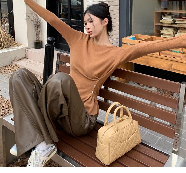 Long-Sleeve Crew Neck Plain Ruched Buttoned Slit Top Product Image