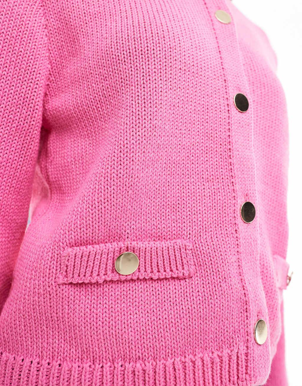 ASOS DESIGN crew neck cardigan with pocket detail in pink Product Image