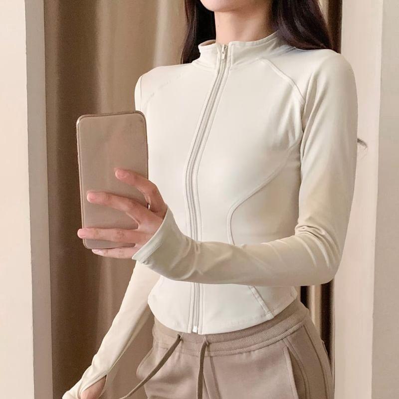 Long-Sleeve Mock Neck Zip-Up Plain Top Product Image