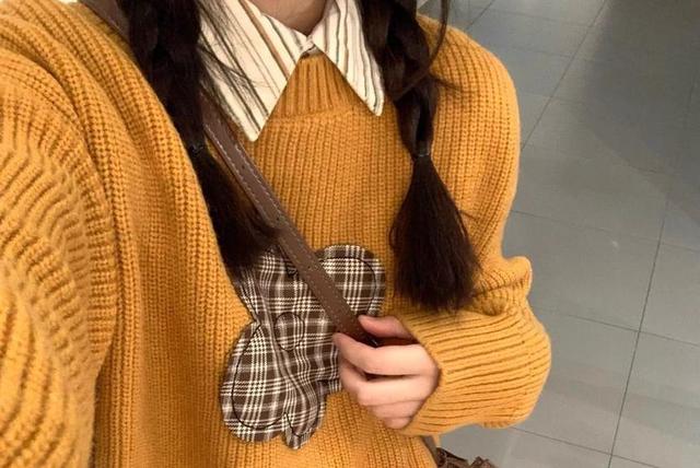 Crew Neck Plaid Applique Oversized Sweater Product Image