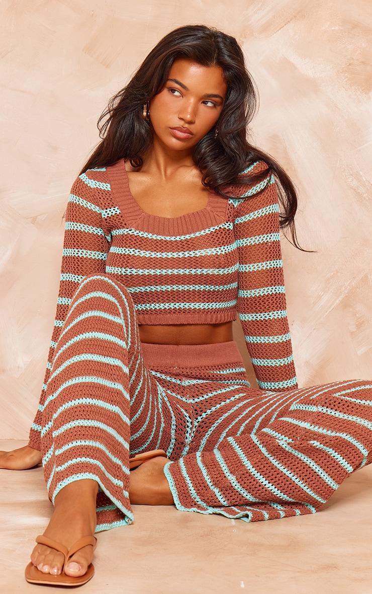 Mocha Stripe Crochet Knit Square Neck Long Sleeve Top Product Image