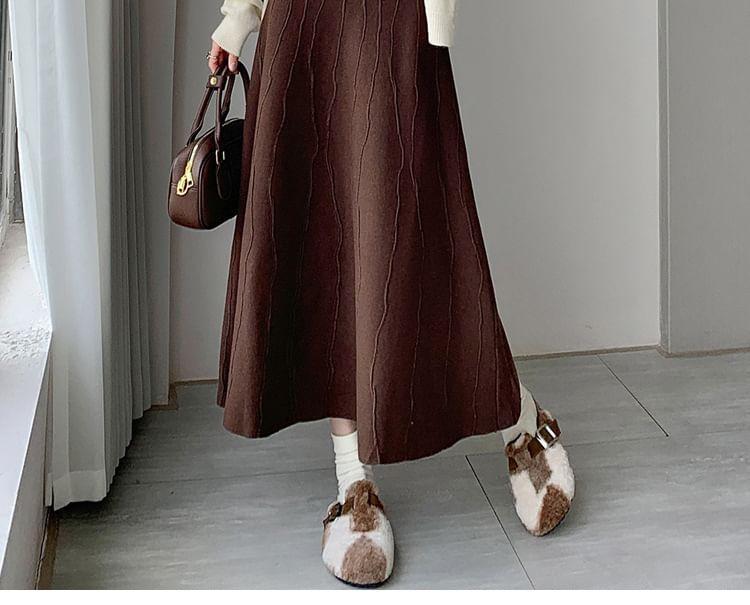 High Rise Plain Knit Midi A-Line Skirt Product Image